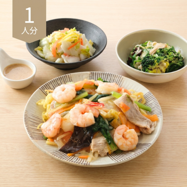 【初回おすすめ】海老あんかけ焼きそばと蒸し鶏の彩り献立 (1人分)