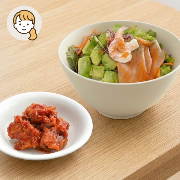 彩り野菜のアボカドサーモン丼主食・主菜・副菜セット (大人1人)