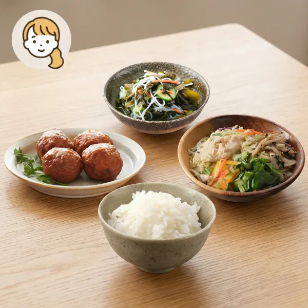 中華風肉団子のヘルシー主食・主菜・副菜セット (大人1人)