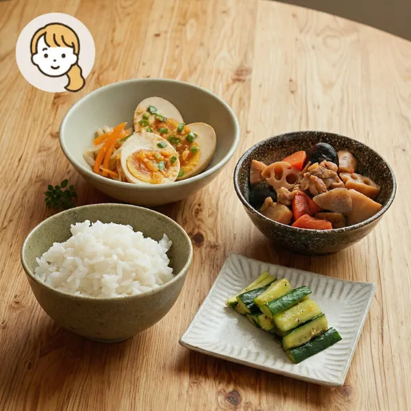 筑前煮とおつまみ卵の和風主食・主菜・副菜セット (大人1人)