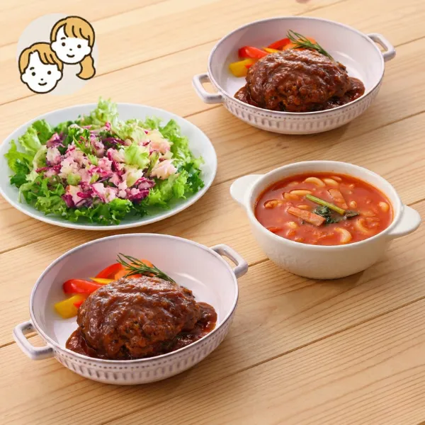 牛たんハンバーグと彩りサラダの主菜・副菜セット (大人2人)