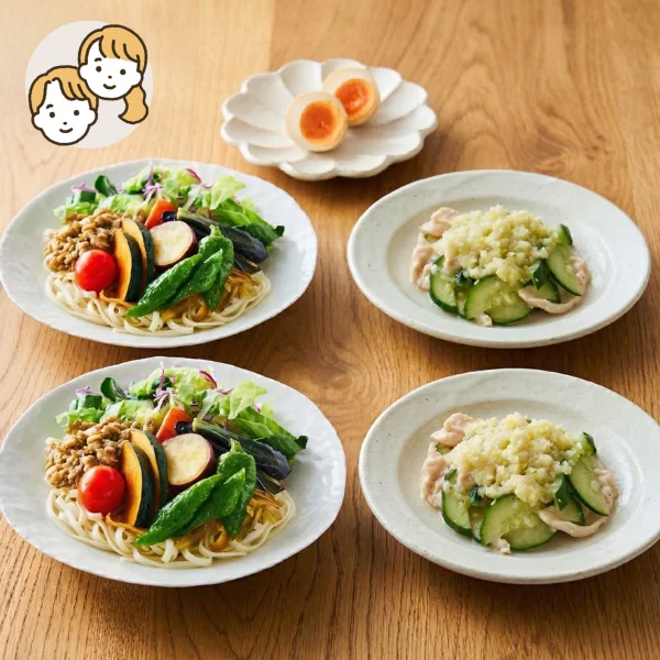 香り楽しむ！さっぱり和風サラダうどんの主食・主菜・副菜セット (大人2人)