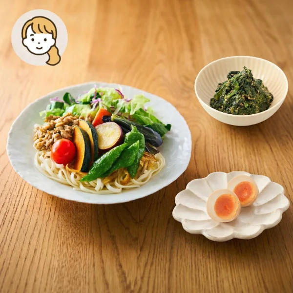 香り楽しむ！さっぱり和風サラダうどんの主食・主菜・副菜セット (大人1人)