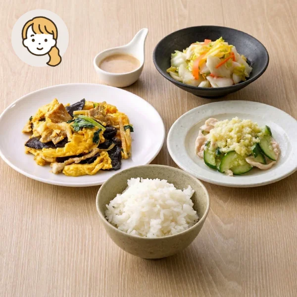 ふんわり玉子と蒸し鶏胡瓜の彩り中華風主食・主菜・副菜セット (大人1人)