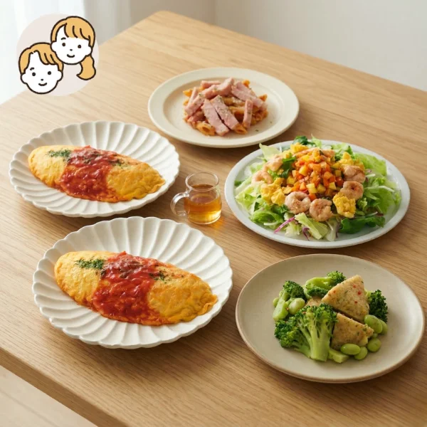 オムライスとペンネのカフェ風主菜・副菜セット (大人2人)