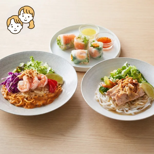 2種の特製ヌードルと生春巻きの主食・主菜・副菜セット (大人2人)