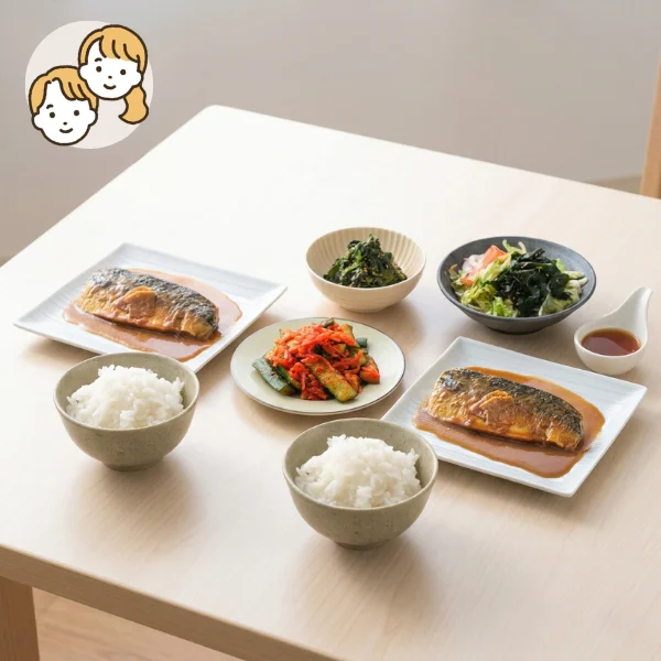 さば味噌煮と彩り小鉢の主食・主菜・副菜セット (大人2人)