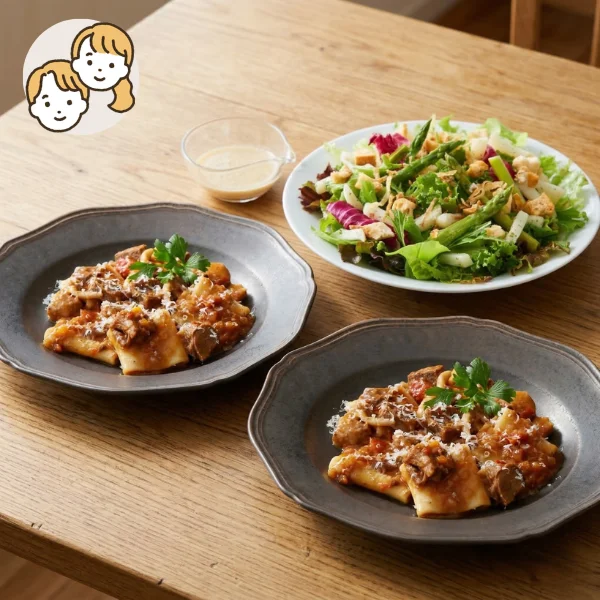 柔らか牛肉パスタの贅沢イタリアン主食・主菜・副菜セット  (大人2人)