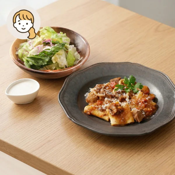 柔らか牛肉パスタの主食・主菜・副菜セット (大人1人)