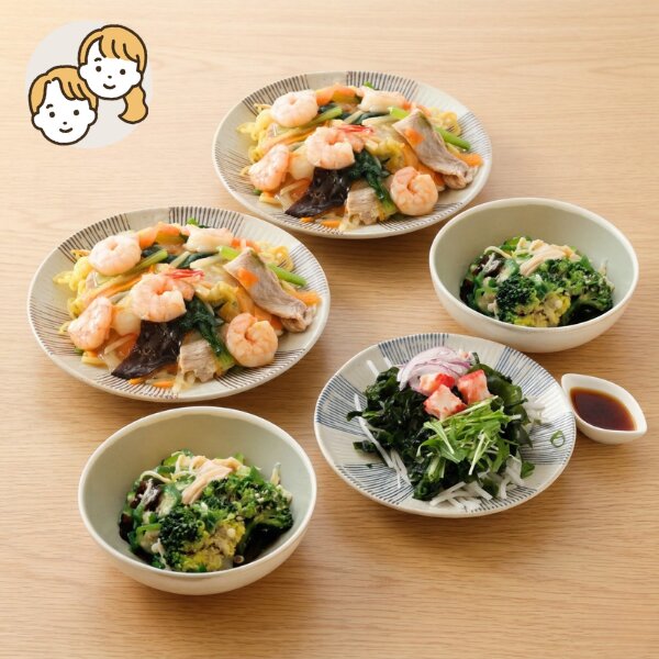 海老あんかけ焼きそばと蒸し鶏の主食・主菜・副菜セット  (大人2人)