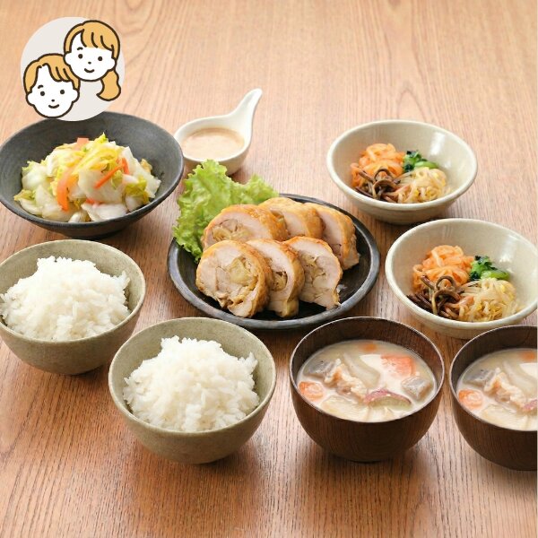 生姜香る鶏巻きと豚汁の主食・主菜・副菜セット (大人2人)