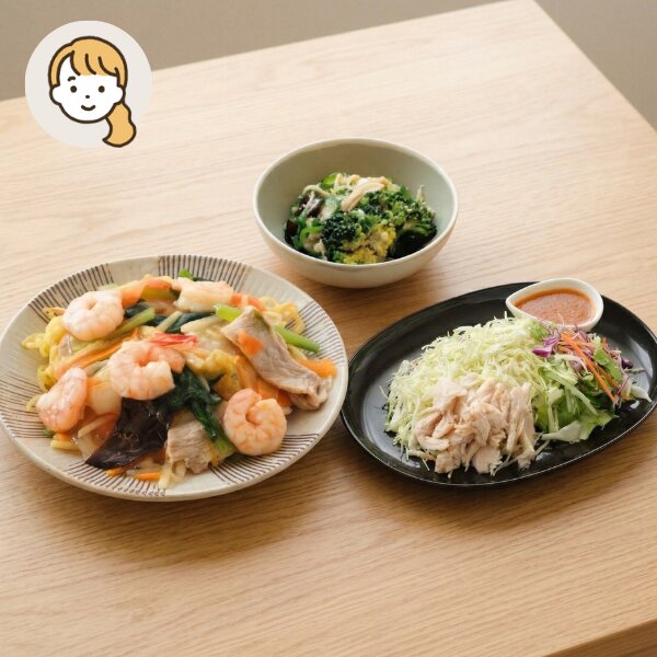 海老あんかけ焼きそばと蒸し鶏の主食・主菜・副菜セット (大人1人)