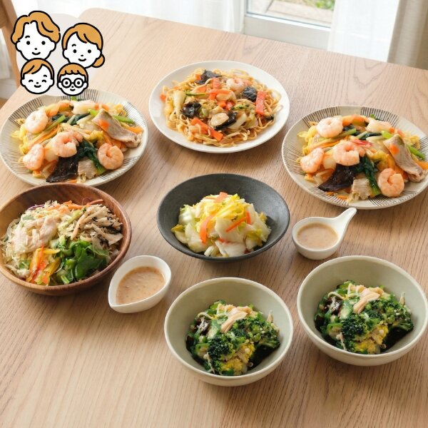 海老あんかけ焼きそばと蒸し鶏の主菜・副菜セット (ファミリー)