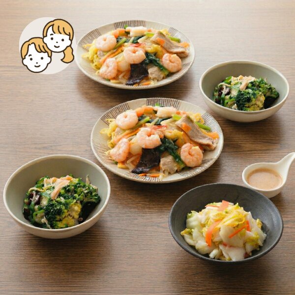 海老あんかけ焼きそばと蒸し鶏の主菜・副菜セット (大人2人)