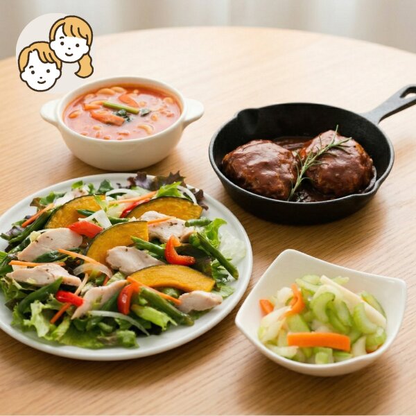 シェフ特製ハンバーグと彩り野菜の贅沢主菜・副菜セット (大人2人)