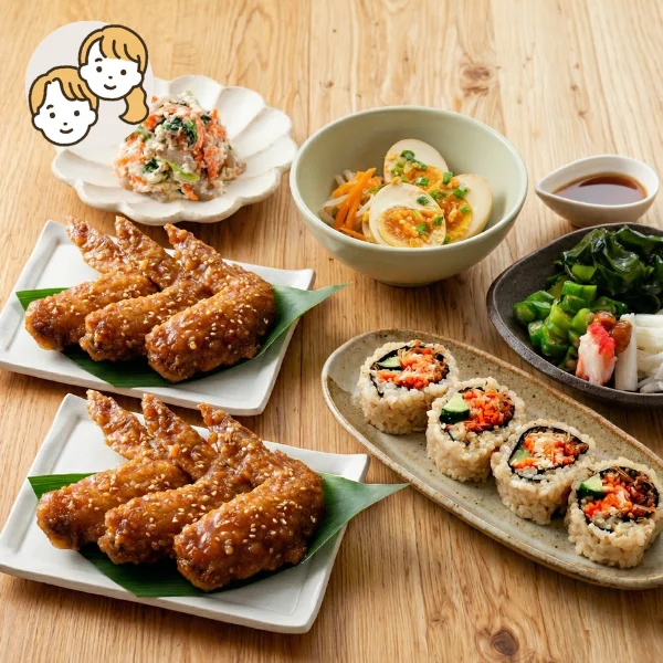 手羽先と玄米ロールの満足主菜・副菜セット (大人2人)