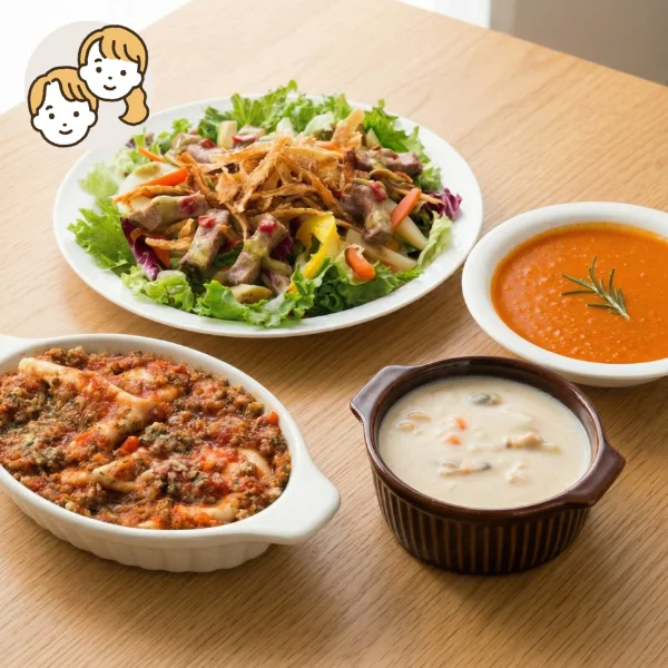 ラザニアと濃厚スープの洋風主菜・副菜セット (大人2人)