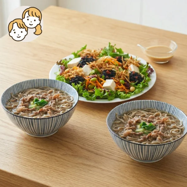 黒毛和牛肉蕎麦の主食・主菜・副菜セット (大人2人)