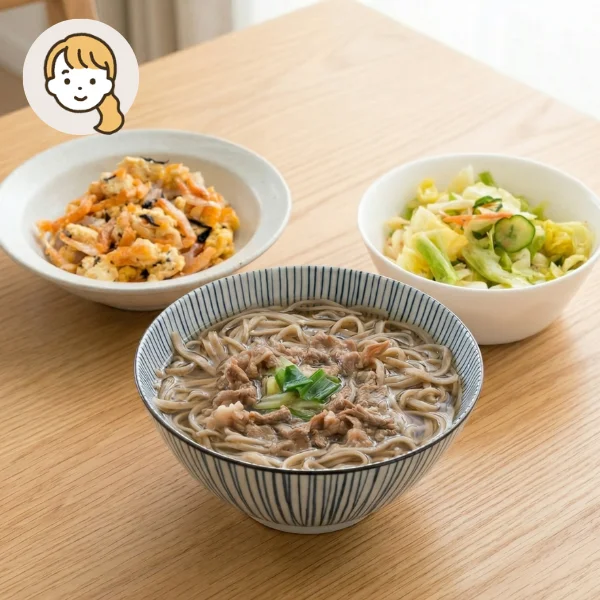 黒毛和牛肉蕎麦の主食・主菜・副菜セット (大人1人)