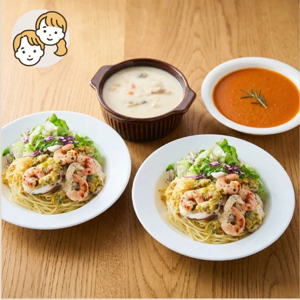 たっぷり海の幸のサラダパスタの主食・主菜・副菜セット (大人2人)