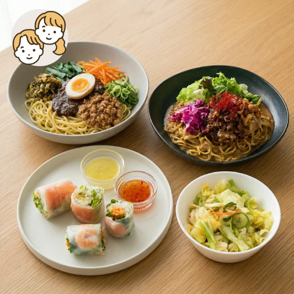 ２種の旨辛アジアン麺の主食・主菜・副菜セット (大人2人)