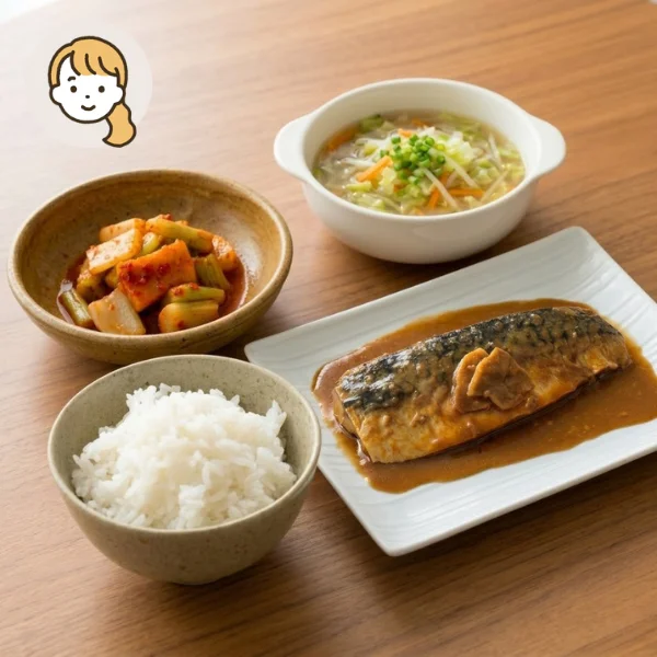 さば味噌煮と生姜スープの主食・主菜・副菜セット (大人1人)