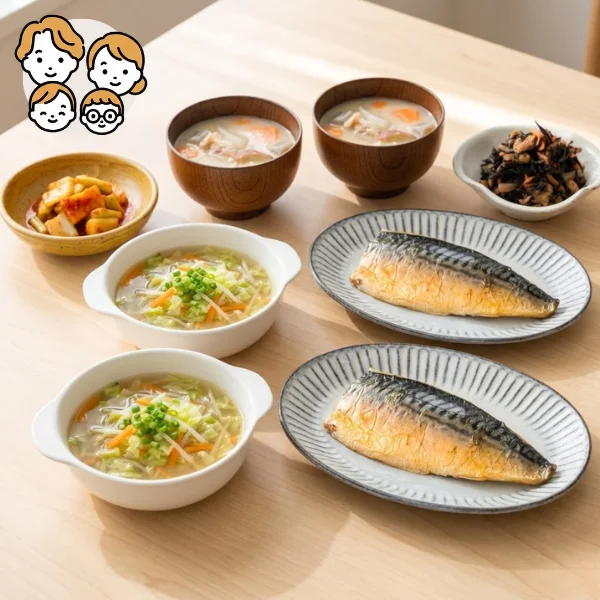 さば灰干し焼きと具沢山スープの主菜・副菜セット (ファミリー)