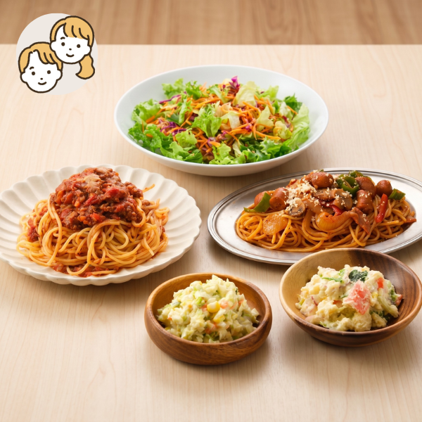 2種の人気パスタの彩り主食・主菜・副菜セット (大人2人)