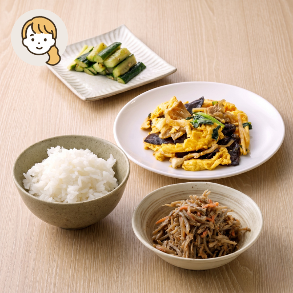 ふんわり卵と根菜の食感を楽しむ！主食・主菜・副菜セット (大人1人)