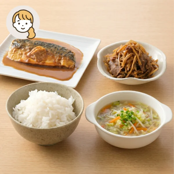 さば味噌煮と生姜スープの主食・主菜・副菜セット (大人1人)
