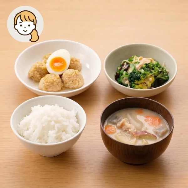 ふわふわつくねと豚汁の主食・主菜・副菜セット (大人1人)