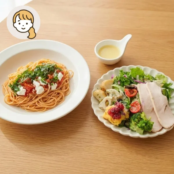 カッペリーニとチキンバランスサラダの主食・主菜・副菜セット (大人1人)