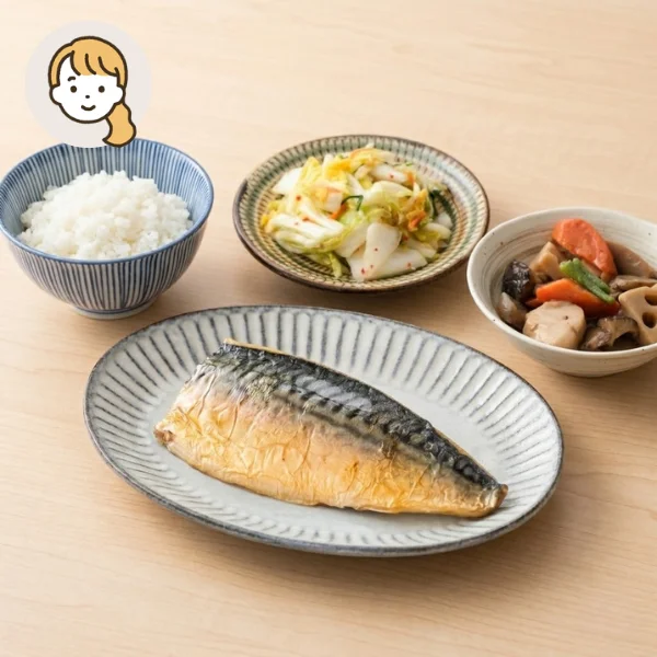 旨味濃縮さば灰干し焼きの主食・主菜・副菜セット (大人1人)