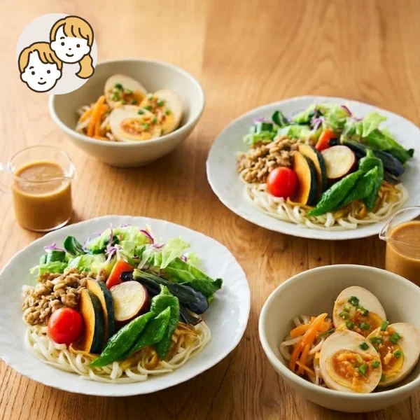 野菜うどんと特製味玉の主食・主菜・副菜セット (大人2人)