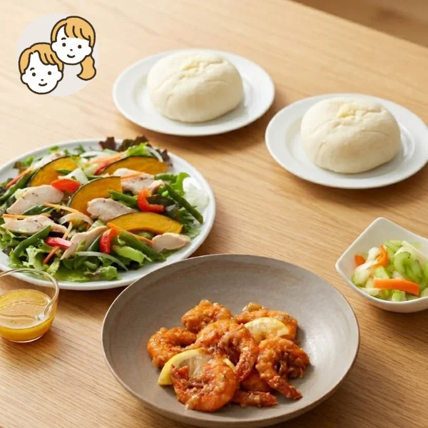 ガーリックシュリンプの洋風主食・主菜・副菜セット (大人2人)