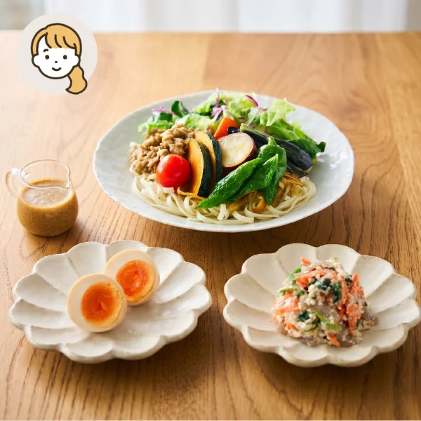 野菜うどんと特製味玉の主食・主菜・副菜セット (大人1人)