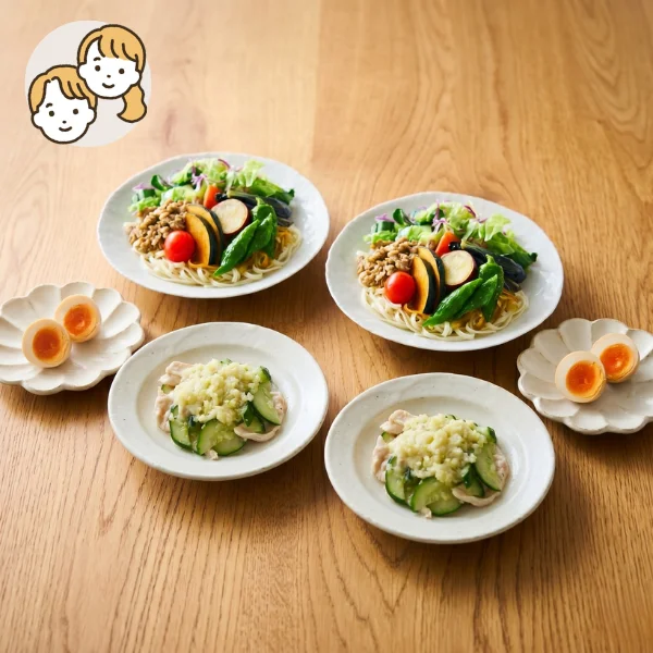 野菜うどんと特製味玉の主食・主菜・副菜セット (大人2人)