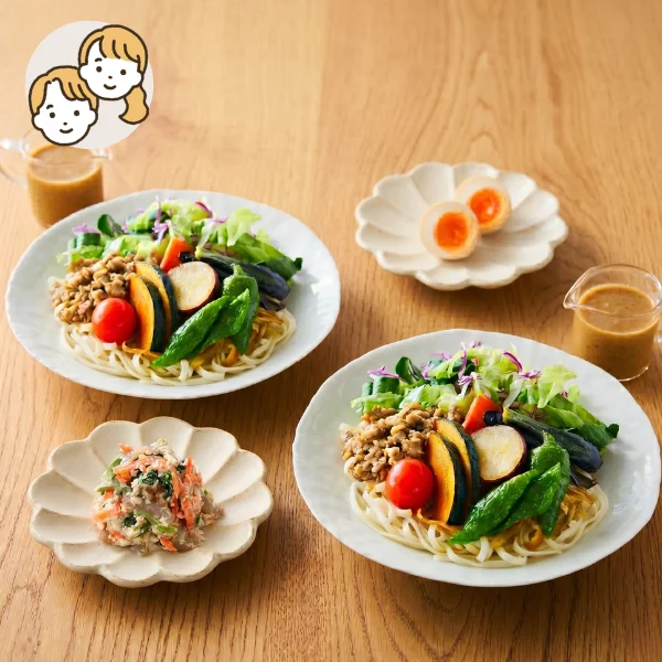 野菜うどんと特製味玉の主菜・副菜セット (大人2人)