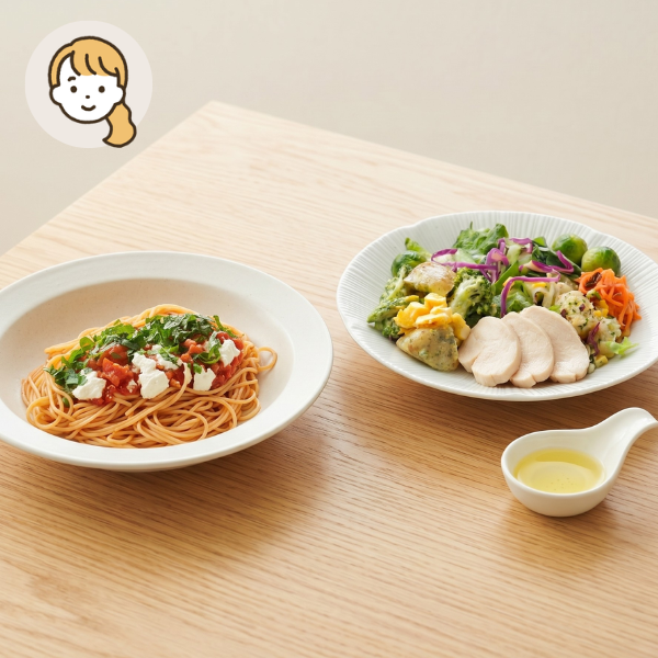 カッペリーニとチキンバランスサラダの主食・主菜・副菜セット (大人1人)