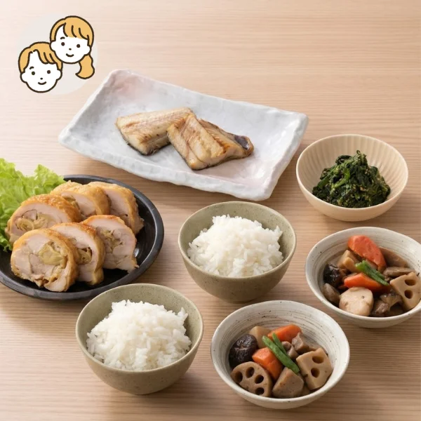 ほっけと鶏肉生姜巻きの主食・主菜・副菜セット (大人2人)