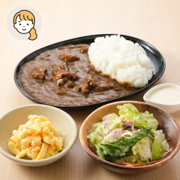 ビーフカレーとポテマカサラダの主食・主菜・副菜セット (大人1人)