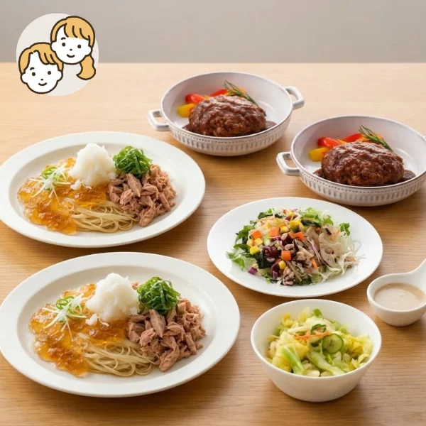 和風カッペリーニとハンバーグの主食・主菜・副菜セット (大人2人)