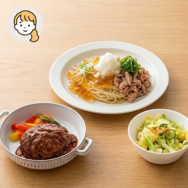 和風カッペリーニとハンバーグの主食・主菜・副菜セット (大人1人)