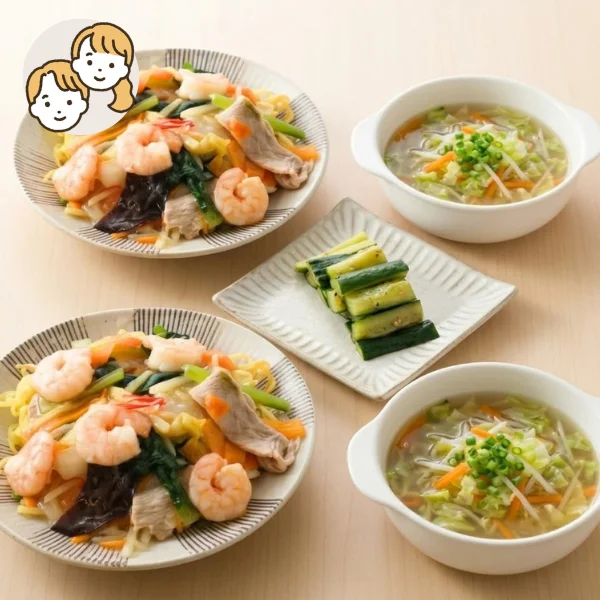 あんかけ焼きそばと鶏生姜スープの主食・主菜・副菜セット (大人2人)