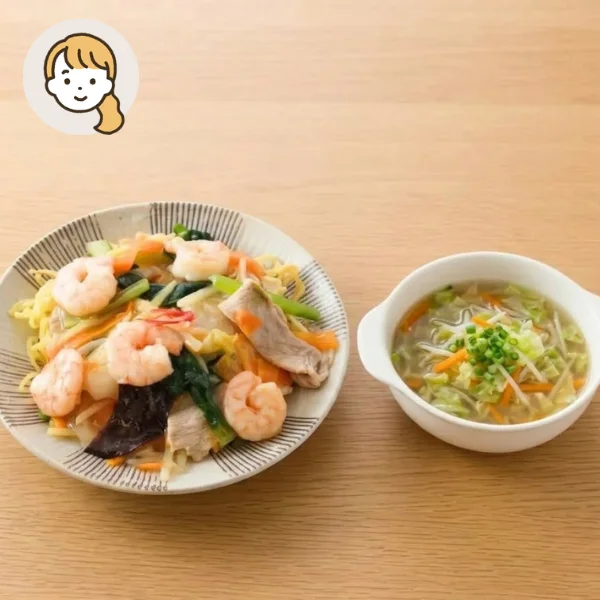 あんかけ焼きそばと鶏生姜スープの主食・主菜・副菜セット (大人1人)
