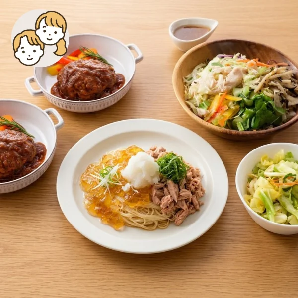 和風カッペリーニとハンバーグの主菜・副菜セット (大人2人)