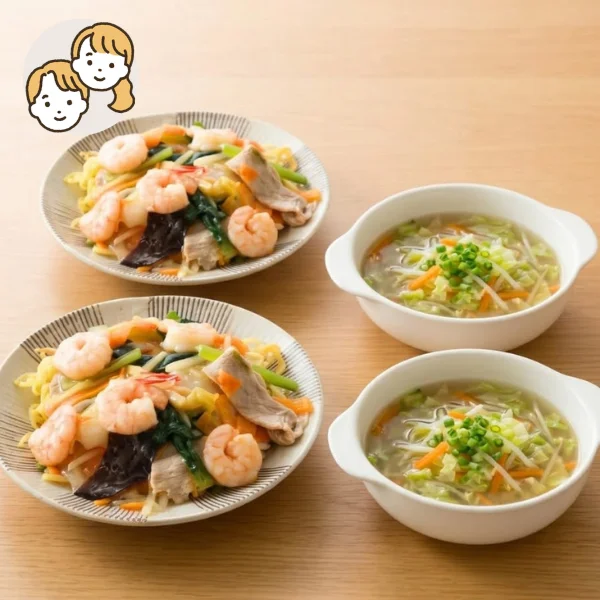 あんかけ焼きそばと鶏生姜スープの主菜・副菜セット (大人2人)
