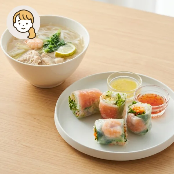 極旨だしフォーと生春巻きの主食・主菜・副菜セット (大人1人)