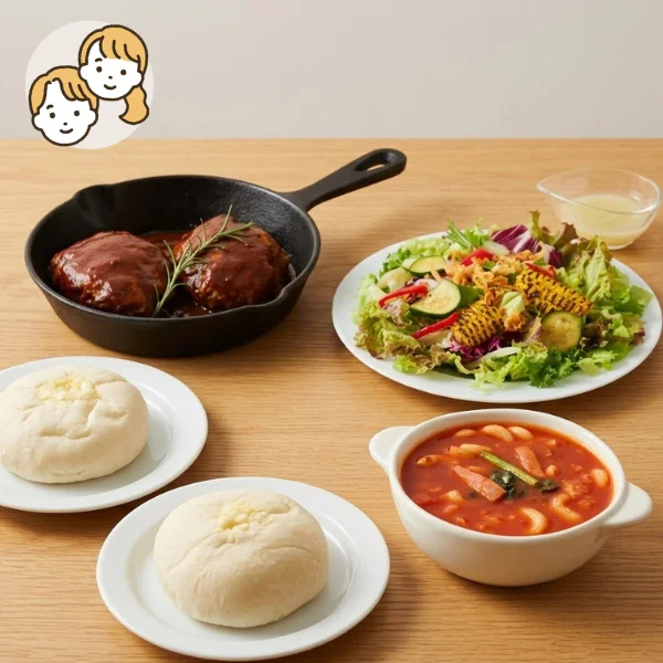 シェフ特製ハンバーグと彩り野菜の主食・主菜・副菜セット (大人2人)
