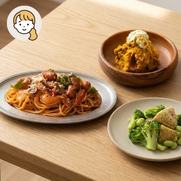 ナポリタンと彩り野菜の主食・主菜・副菜セット (大人1人)